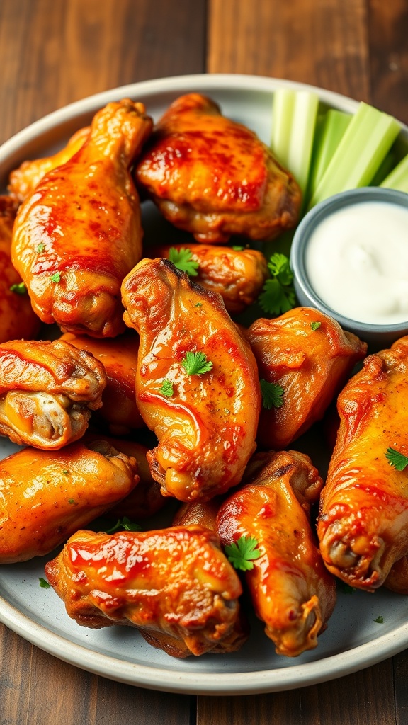 Crispy air fryer chicken wings served with celery sticks and ranch dressing on a rustic table.